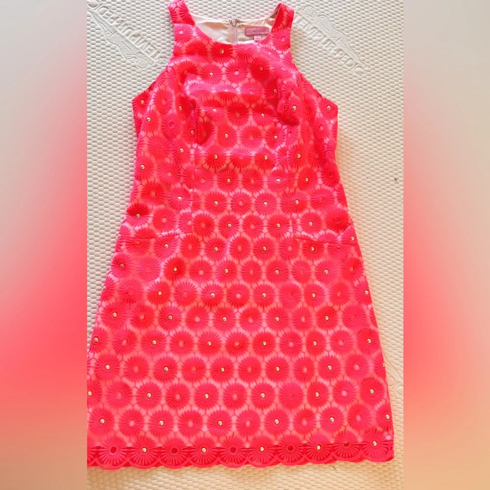 LILLY PULITZER Neon Pink Floral Pinwheel Lace & Pearl Mini Shift Dress